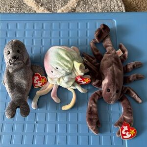 Ty Plush Trio - Gray Seal, Pastel Jellyfish, Brown Lobster